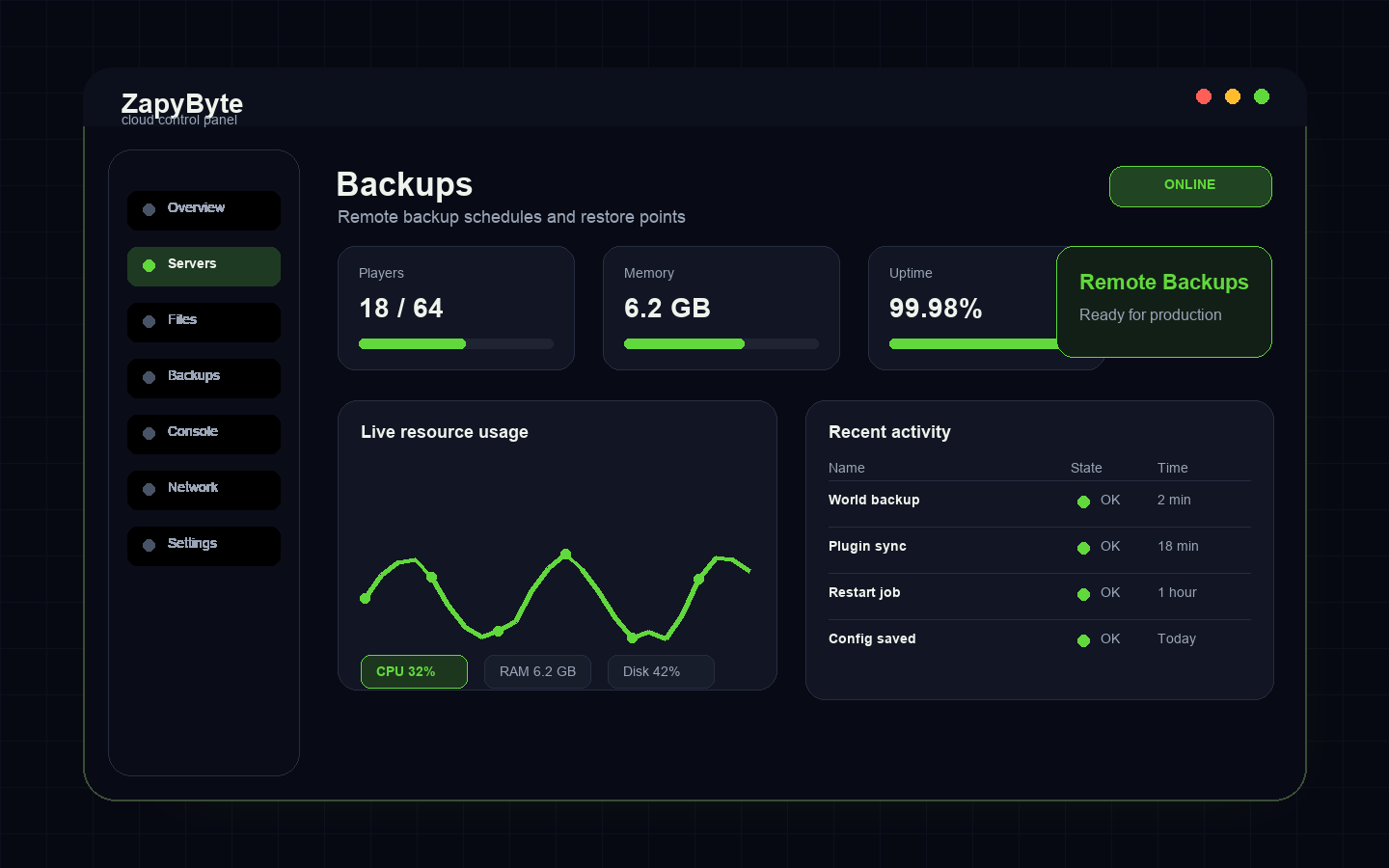 A preview of the Remote Back Ups feature in the Firefly Panel