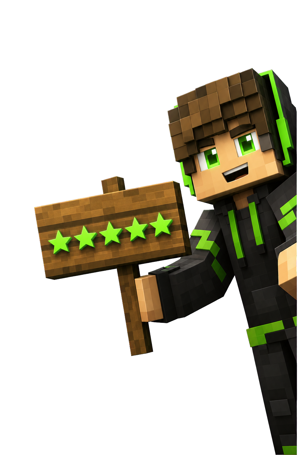 Blocky gamer holding a five star review sign
